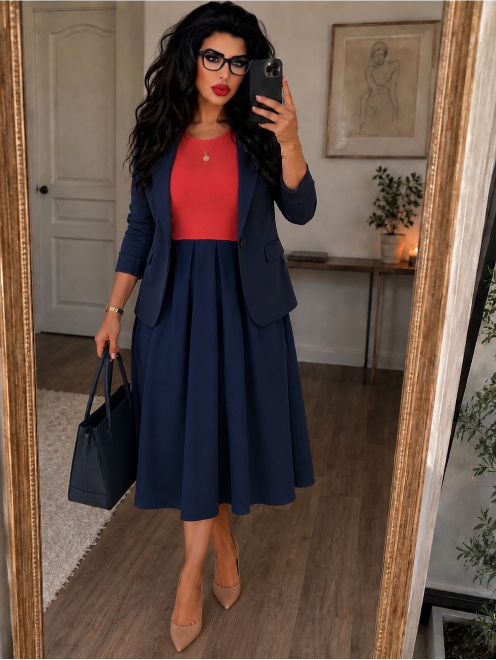LuLaRoe Amelia Dress L Colorblock Red & Navy | Pockets | Fit & Flare